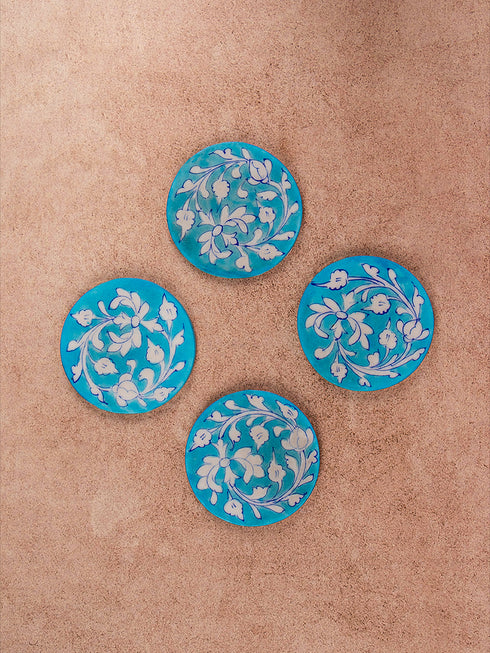 Blue Pottery Turquoise Base White Flower Coasters Set Of 4pcs.
